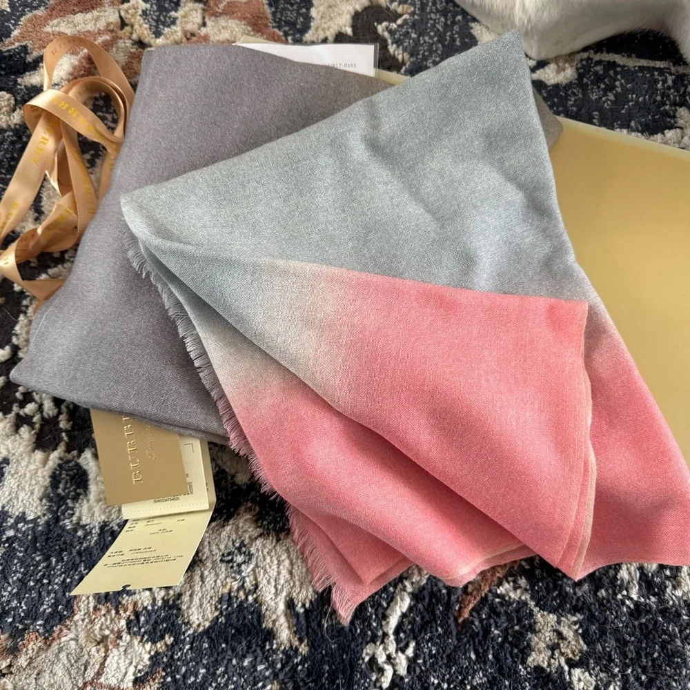 Burberry Gray and Pink Scarf Ombré Cashmere Silk Blend Quiet Luxury